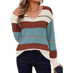 Zeagoo Womens Sweaters Fall 2026 Long Sleeve Knit Pullover V Neck Lightweight Crochet Sweater Tops Dressy Casual(Colorblock Tz163)