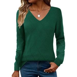 Zeagoo Womens Sweaters Fall 2026 Long Sleeve Knit Pullover V Neck Lightweight Crochet Sweater Tops Dressy Casual(Gray Green)