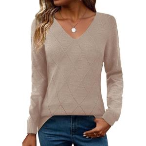 Zeagoo Womens Sweaters Fall 2026 Long Sleeve Knit Pullover V Neck Lightweight Crochet Sweater Tops Dressy Casual(Khaki)