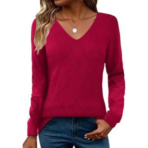 Zeagoo Womens Sweaters Fall 2026 Long Sleeve Knit Pullover V Neck Lightweight Crochet Sweater Tops Dressy Casual(Red)