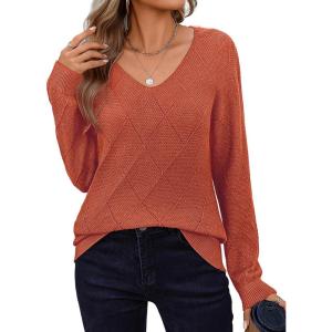 Zeagoo Womens Sweaters Fall 2026 Long Sleeve Knit Pullover V Neck Lightweight Crochet Sweater Tops Dressy Casual(Rust Brown)