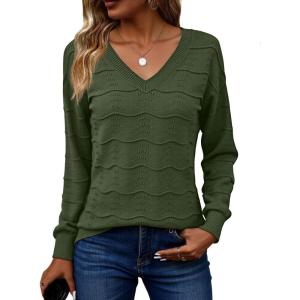 Zeagoo Womens Sweaters Fall Casual Long Sleeve V Neck Shirts Lightweight Crochet Ribbed Knit Pullover Tops Outfits(Army Green)