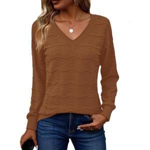 Zeagoo Womens Sweaters Fall Casual Long Sleeve V Neck Shirts Lightweight Crochet Ribbed Knit Pullover Tops Outfits(Caramel)