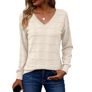 Zeagoo Womens Sweaters Fall Casual Long Sleeve V Neck Shirts Lightweight Crochet Ribbed Knit Pullover Tops Outfits(Cream)