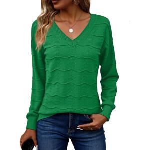 Zeagoo Womens Sweaters Fall Casual Long Sleeve V Neck Shirts Lightweight Crochet Ribbed Knit Pullover Tops Outfits(Green)