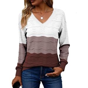 Zeagoo Womens Sweaters Fall Casual Long Sleeve V Neck Shirts Lightweight Crochet Ribbed Knit Pullover Tops Outfits(Tan Colorblock)