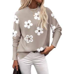 Zeagoo Women’s Sweaters Loose Knit Side Button 2025 Fall Fashion Trendy Casual Pullover Tops Clothes(Khaki Flower)