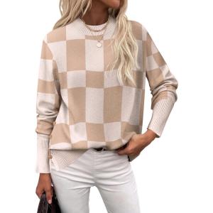 Zeagoo Women’s Sweaters Loose Knit Side Button 2025 Fall Fashion Trendy Casual Pullover Tops Clothes(Khakiplaid)