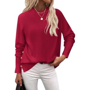 Zeagoo Women’s Sweaters Loose Knit Side Button 2025 Fall Fashion Trendy Casual Pullover Tops Clothes(Red)
