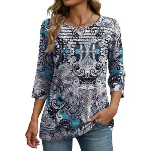 Zeagoo Womens Tops 3/4 Length Sleeve Blouses Dressy Casual Shirt Pleated Front Tunic Floral Printed Spring Clothes(Bobo Blue 906)