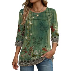 Zeagoo Womens Tops 3/4 Length Sleeve Blouses Dressy Casual Shirt Pleated Front Tunic Floral Printed Spring Clothes(Bobo Green 839)