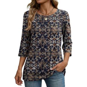 Zeagoo Womens Tops 3/4 Length Sleeve Blouses Dressy Casual Shirt Pleated Front Tunic Floral Printed Spring Clothes(Bobo Navy 869)