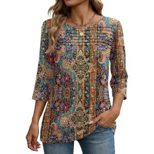 Zeagoo Womens Tops 3/4 Length Sleeve Blouses Dressy Casual Shirt Pleated Front Tunic Floral Printed Spring Clothes(Boho Multicolor 721)