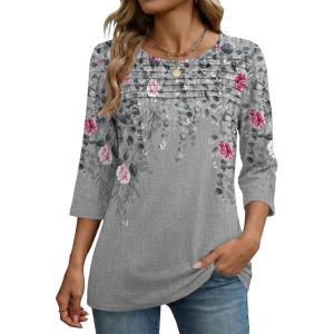 Zeagoo Womens Tops 3/4 Length Sleeve Blouses Dressy Casual Shirt Pleated Front Tunic Floral Printed Spring Clothes(Floral Grey 36)