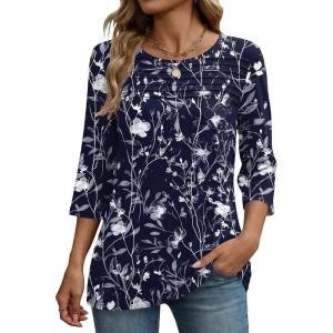 Zeagoo Womens Tops 3/4 Length Sleeve Blouses Dressy Casual Shirt Pleated Front Tunic Floral Printed Spring Clothes(Floral Navy 180)