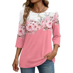 Zeagoo Womens Tops 3/4 Length Sleeve Blouses Dressy Casual Shirt Pleated Front Tunic Floral Printed Spring Clothes(Floral Pink 122)