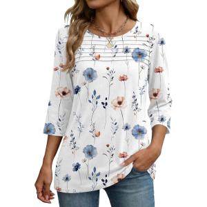 Zeagoo Womens Tops 3/4 Length Sleeve Blouses Dressy Casual Shirt Pleated Front Tunic Floral Printed Spring Clothes(Floral White 290)