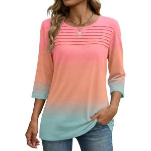 Zeagoo Womens Tops 3/4 Length Sleeve Blouses Dressy Casual Shirt Pleated Front Tunic Floral Printed Spring Clothes(Gradient Blue Pink 218)