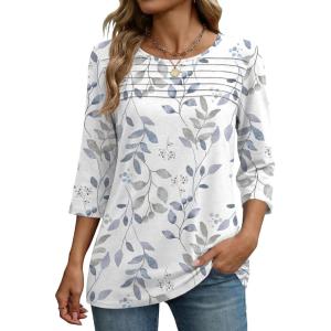 Zeagoo Womens Tops 3/4 Length Sleeve Blouses Dressy Casual Shirt Pleated Front Tunic Floral Printed Spring Clothes(Leaf White 113)