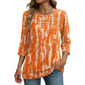 Zeagoo Womens Tops 3/4 Length Sleeve Blouses Dressy Casual Shirt Pleated Front Tunic Floral Printed Spring Clothes(Printed Orange 466)