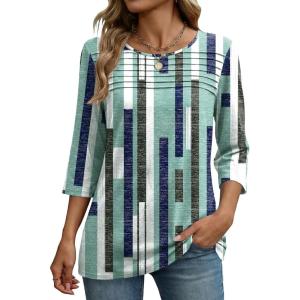 Zeagoo Womens Tops 3/4 Length Sleeve Blouses Dressy Casual Shirt Pleated Front Tunic Floral Printed Spring Clothes(Stripes Green 530)