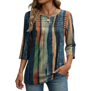 Zeagoo Womens Tops 3/4 Length Sleeve Blouses Dressy Casual Shirt Pleated Front Tunic Floral Printed Spring Clothes(Stripes Multicolor 289)