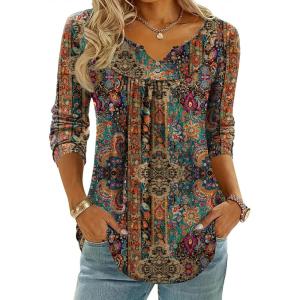 Zeagoo Womens Tops Long Sleeve Shirts Boho Tops for Women 2026 Fall Blouses Ladies Sweatshirts Spring Fashion Clothing(A01-ethnic Style)
