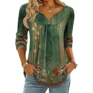 Zeagoo Womens Tops Long Sleeve Shirts Boho Tops for Women 2026 Fall Blouses Ladies Sweatshirts Spring Fashion Clothing(A01-green Print)