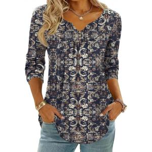 Zeagoo Womens Tops Long Sleeve Shirts Boho Tops for Women 2026 Fall Blouses Ladies Sweatshirts Spring Fashion Clothing(Blue Ethnic Style)