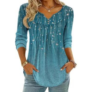 Zeagoo Womens Tops Long Sleeve Shirts Boho Tops for Women 2026 Fall Blouses Ladies Sweatshirts Spring Fashion Clothing(Blue Green Leaf)