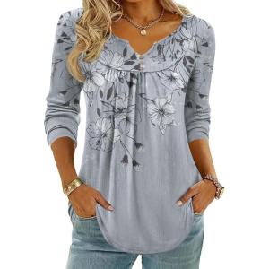 Zeagoo Womens Tops Long Sleeve Shirts Boho Tops for Women 2026 Fall Blouses Ladies Sweatshirts Spring Fashion Clothing(Grey Print)