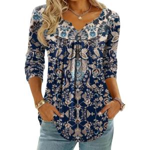 Zeagoo Womens Tops Long Sleeve Shirts Boho Tops for Women 2026 Fall Blouses Ladies Sweatshirts Spring Fashion Clothing(Navy Blue Ethnic)