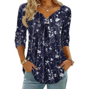 Zeagoo Womens Tops Long Sleeve Shirts Boho Tops for Women 2026 Fall Blouses Ladies Sweatshirts Spring Fashion Clothing(Navy Blue Flowers)