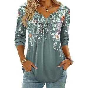 Zeagoo Womens Tops Long Sleeve Shirts Boho Tops for Women 2026 Fall Blouses Ladies Sweatshirts Spring Fashion Clothing(Plants Flowers)