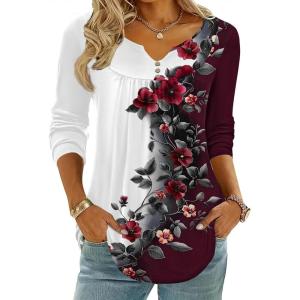 Zeagoo Womens Tops Long Sleeve Shirts Boho Tops for Women 2026 Fall Blouses Ladies Sweatshirts Spring Fashion Clothing(Red Flowers)