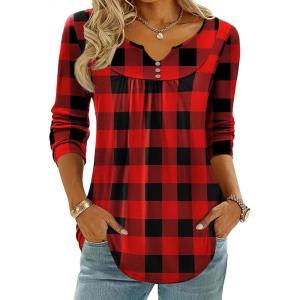 Zeagoo Womens Tops Long Sleeve Shirts Boho Tops for Women 2026 Fall Blouses Ladies Sweatshirts Spring Fashion Clothing(Red Plaid)