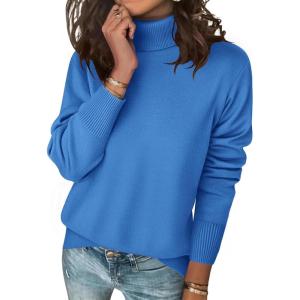 Zeagoo Women’s Turtleneck Sweater Long Sleeve Spilt Hem Casual Knit Pullover Chunky Fall Winter Jumper Top 2026(Bright Blue)