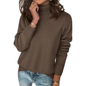 Zeagoo Women’s Turtleneck Sweater Long Sleeve Spilt Hem Casual Knit Pullover Chunky Fall Winter Jumper Top 2026(Brown)