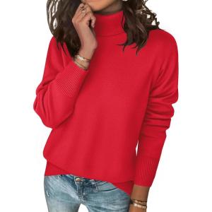 Zeagoo Women’s Turtleneck Sweater Long Sleeve Spilt Hem Casual Knit Pullover Chunky Fall Winter Jumper Top 2026(Xmas Red)