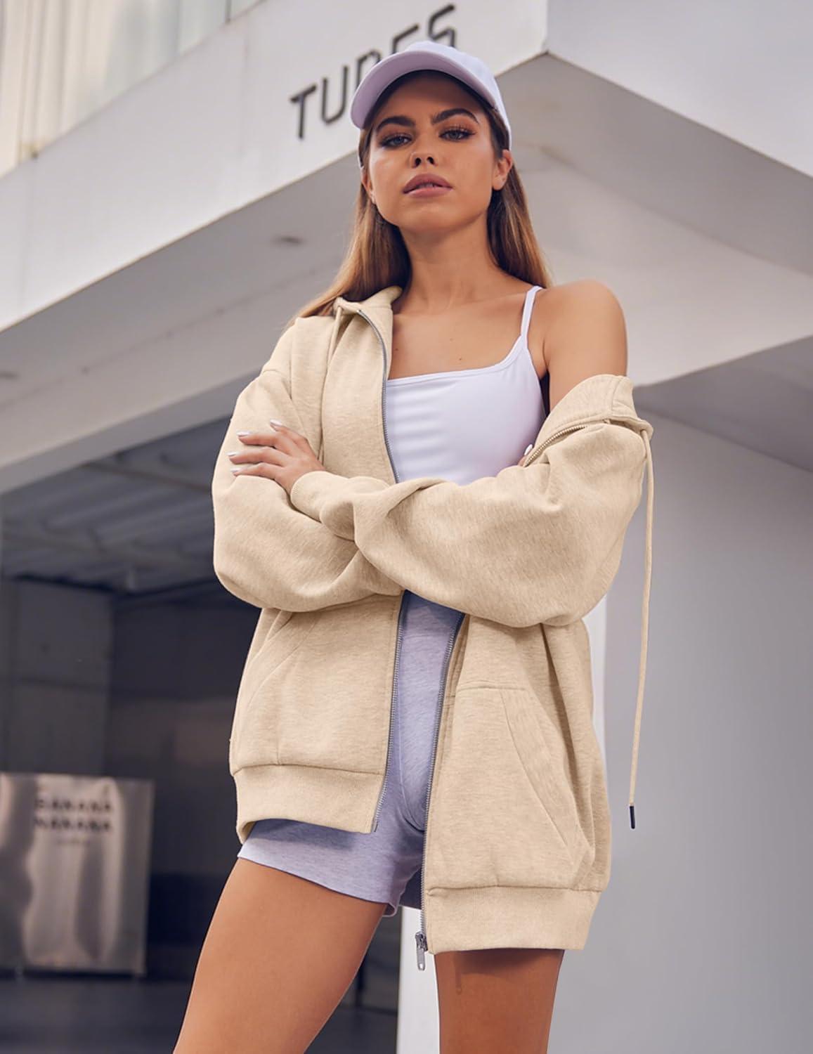 imageZEAGOO Hoodies Women Zip Up Hoodie Oversized Sweatshirt Fleece Jackets Spring Fall Winter Coats 2026 FashionKhaki
