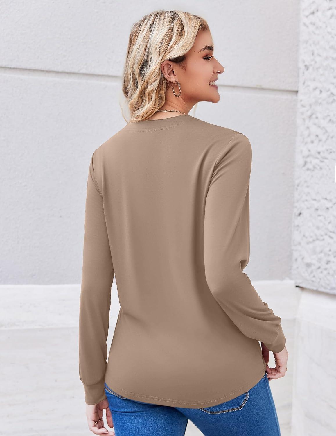 imageZEAGOO Womens Spring Tops Henley V Neck Shirts Long Sleeve Pleated Blouses Dressy Casual Tunic 2026 Basic TeesApricot