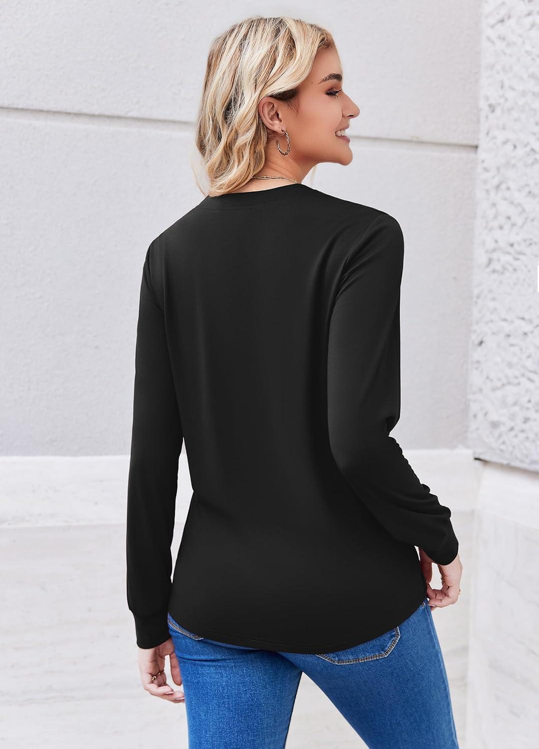 imageZEAGOO Womens Spring Tops Henley V Neck Shirts Long Sleeve Pleated Blouses Dressy Casual Tunic 2026 Basic TeesBlack