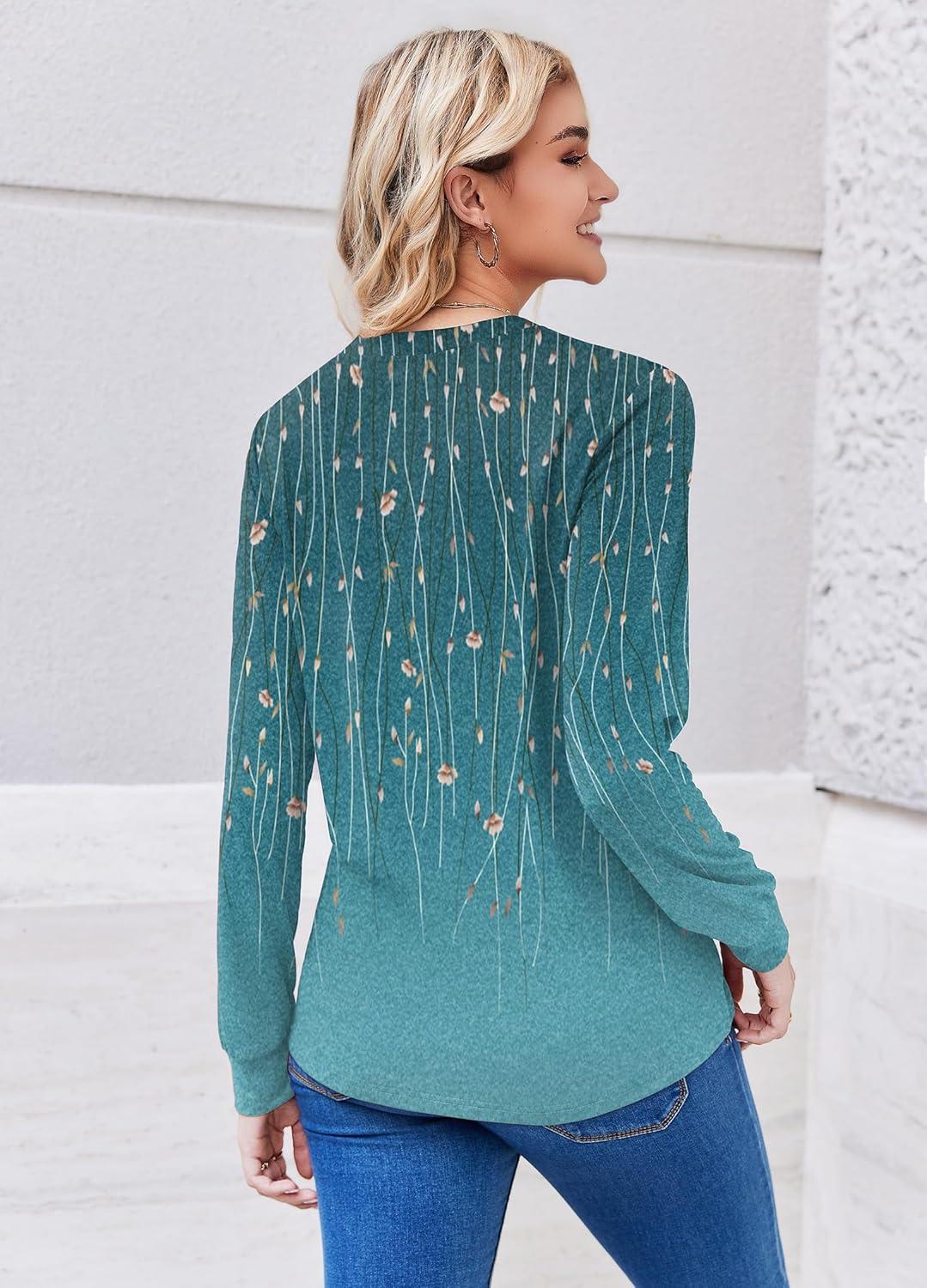 imageZEAGOO Womens Spring Tops Henley V Neck Shirts Long Sleeve Pleated Blouses Dressy Casual Tunic 2026 Basic TeesBlue Green