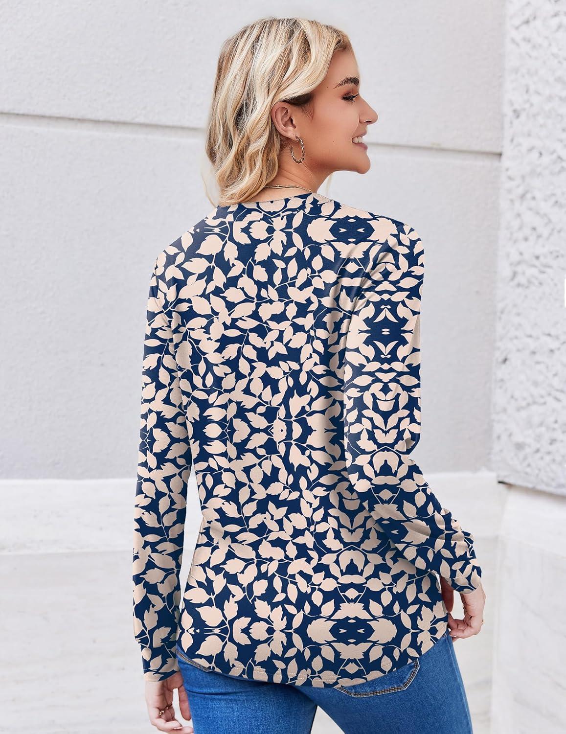 imageZEAGOO Womens Spring Tops Henley V Neck Shirts Long Sleeve Pleated Blouses Dressy Casual Tunic 2026 Basic TeesBlue Pink Floral
