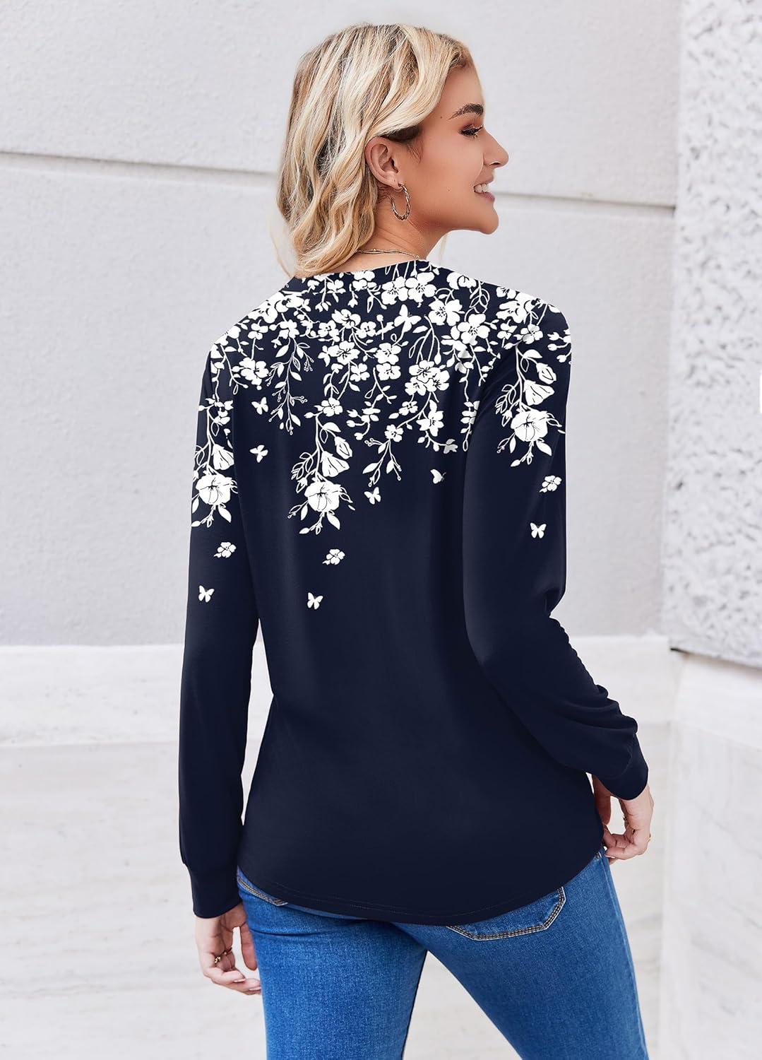 imageZEAGOO Womens Spring Tops Henley V Neck Shirts Long Sleeve Pleated Blouses Dressy Casual Tunic 2026 Basic TeesBlue White