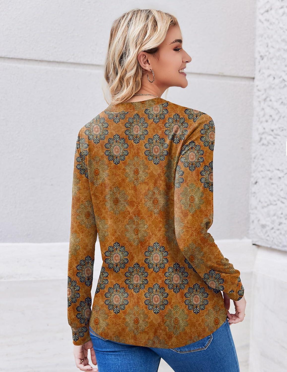 imageZEAGOO Womens Spring Tops Henley V Neck Shirts Long Sleeve Pleated Blouses Dressy Casual Tunic 2026 Basic TeesEthnic Caramel Brown