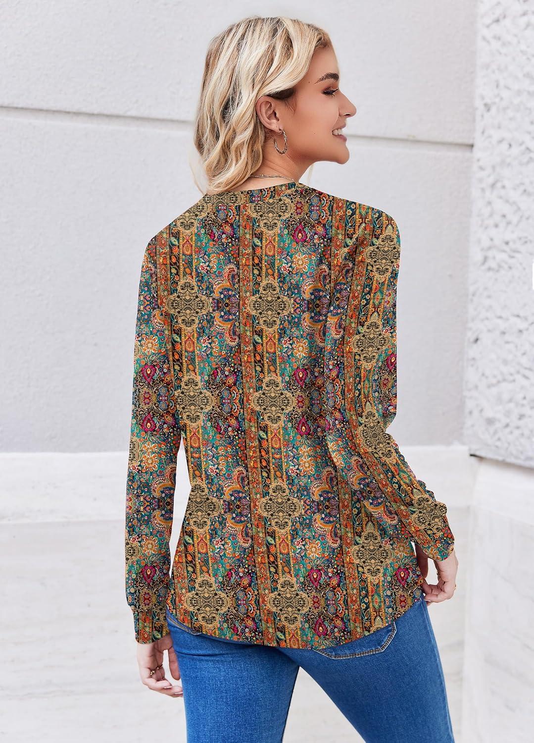 imageZEAGOO Womens Spring Tops Henley V Neck Shirts Long Sleeve Pleated Blouses Dressy Casual Tunic 2026 Basic TeesEthnic Floral