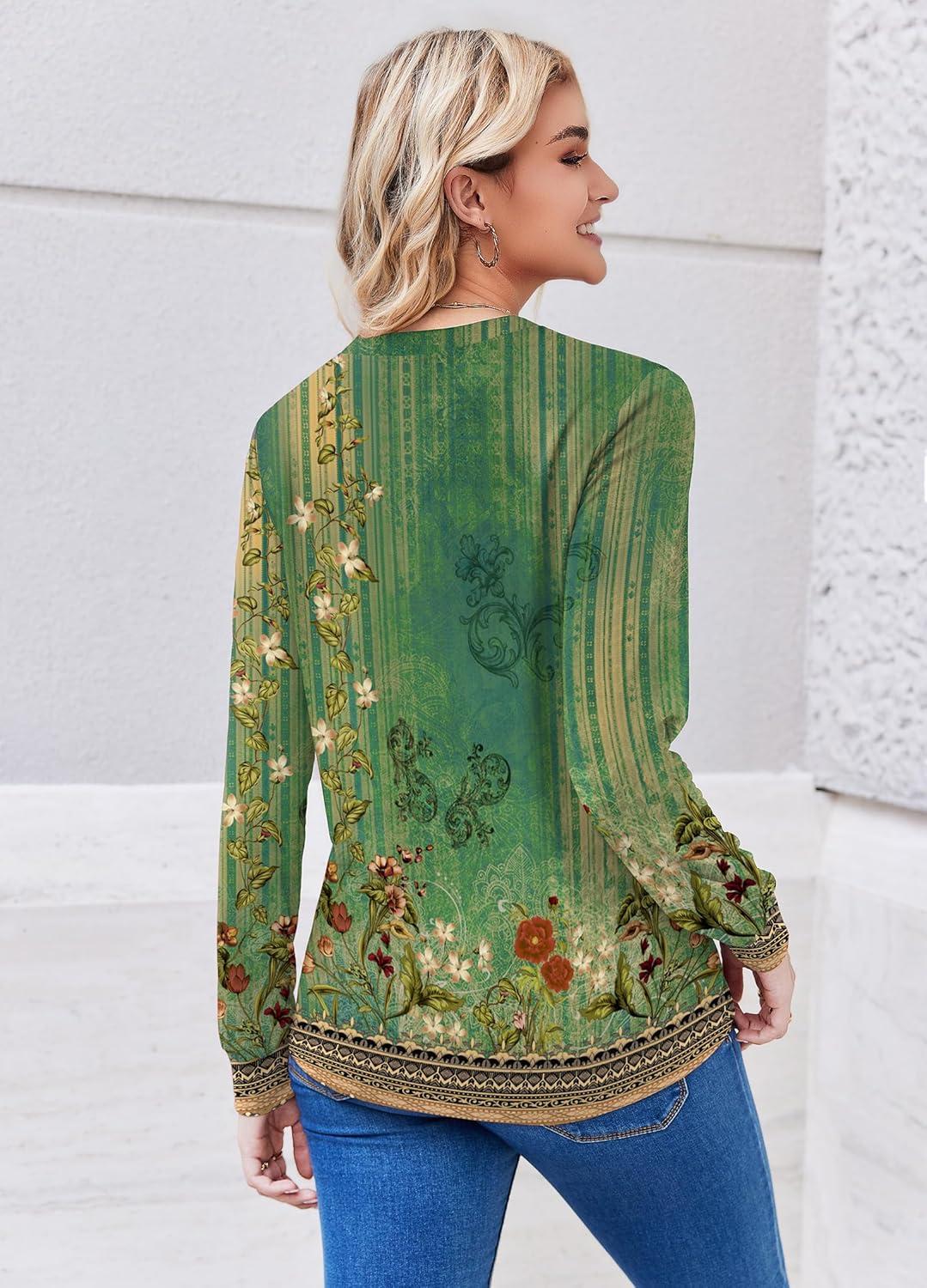 imageZEAGOO Womens Spring Tops Henley V Neck Shirts Long Sleeve Pleated Blouses Dressy Casual Tunic 2026 Basic TeesEthnic Green