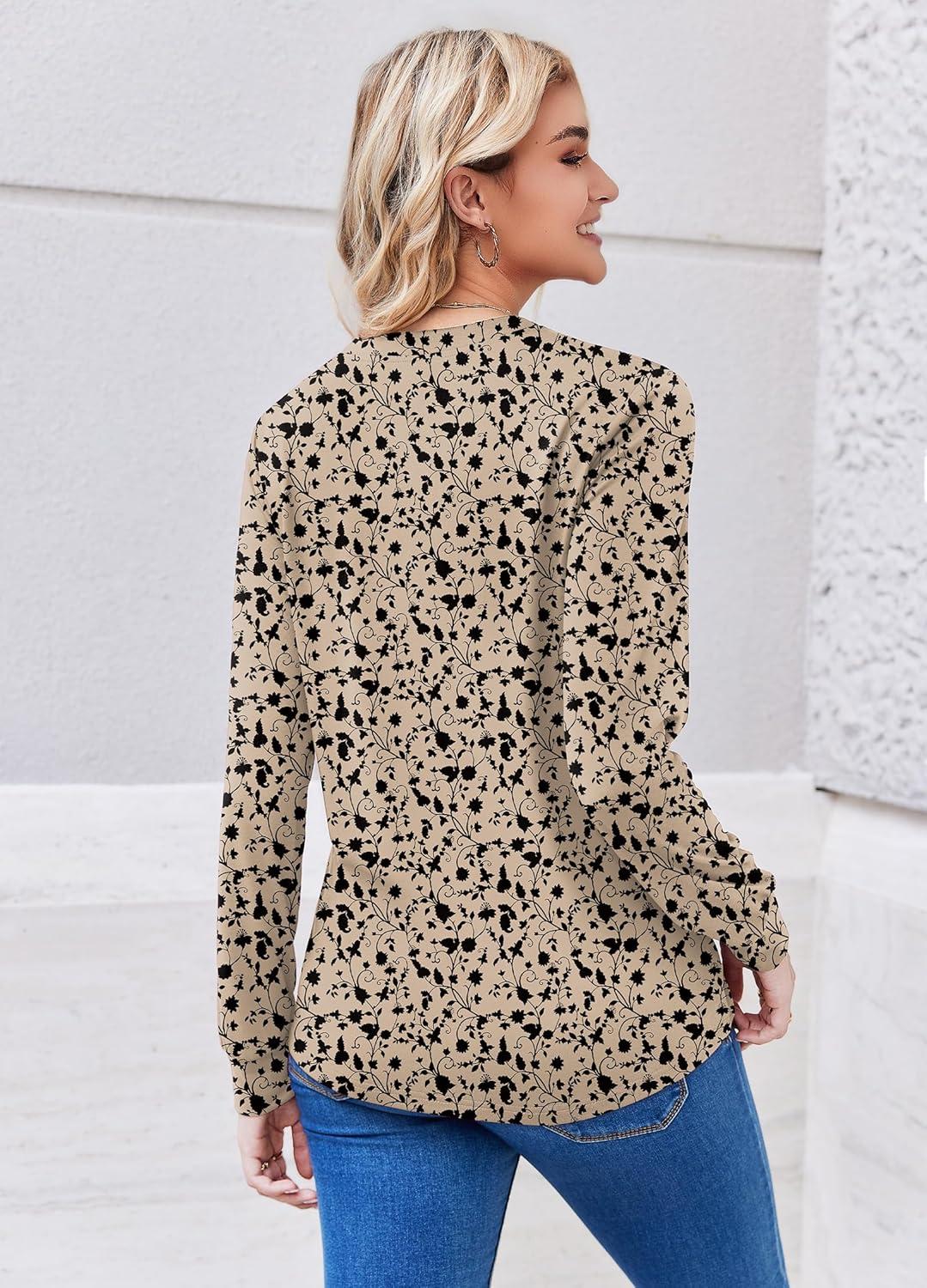 imageZEAGOO Womens Spring Tops Henley V Neck Shirts Long Sleeve Pleated Blouses Dressy Casual Tunic 2026 Basic TeesKhaki Black