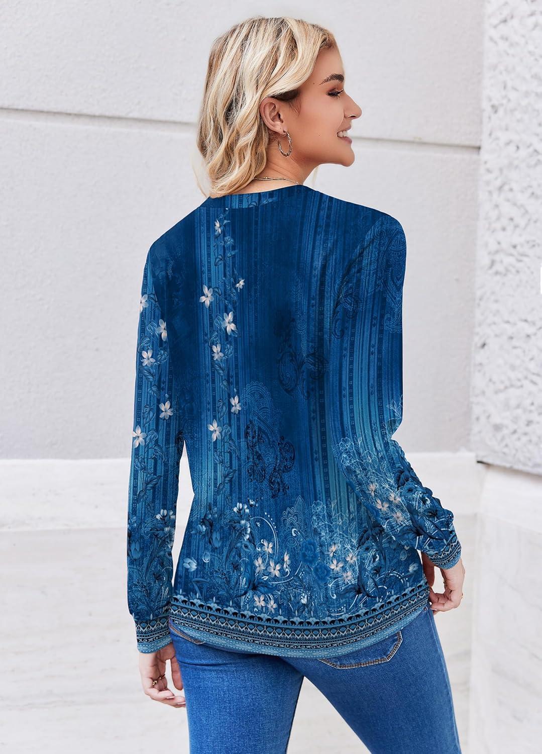 imageZEAGOO Womens Spring Tops Henley V Neck Shirts Long Sleeve Pleated Blouses Dressy Casual Tunic 2026 Basic TeesNavy Floral